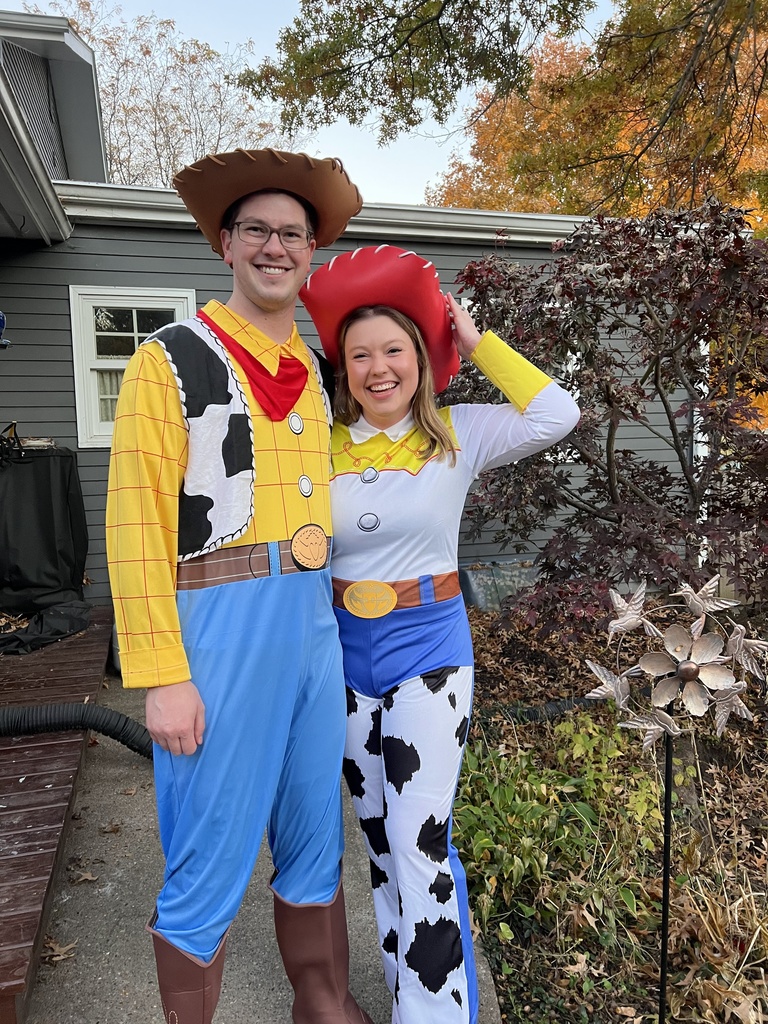 Emma and her husband, Grant, dressed as Woody and Jessy from Toy Story