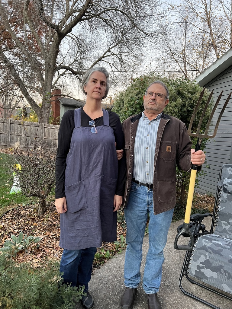 Renne Anthony and Fred Gerr dressed as American Gothic painting